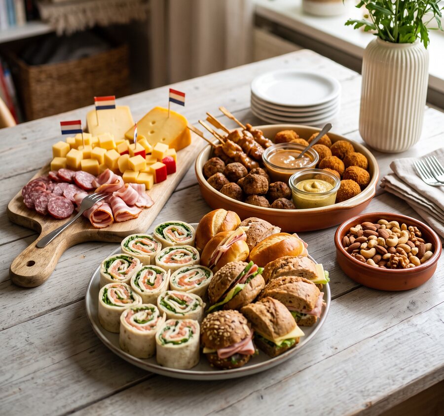 Meerdere gevulde borrelschalen met wraps, broodjes, kaas, warme hapjes en dips op een buffettafel
