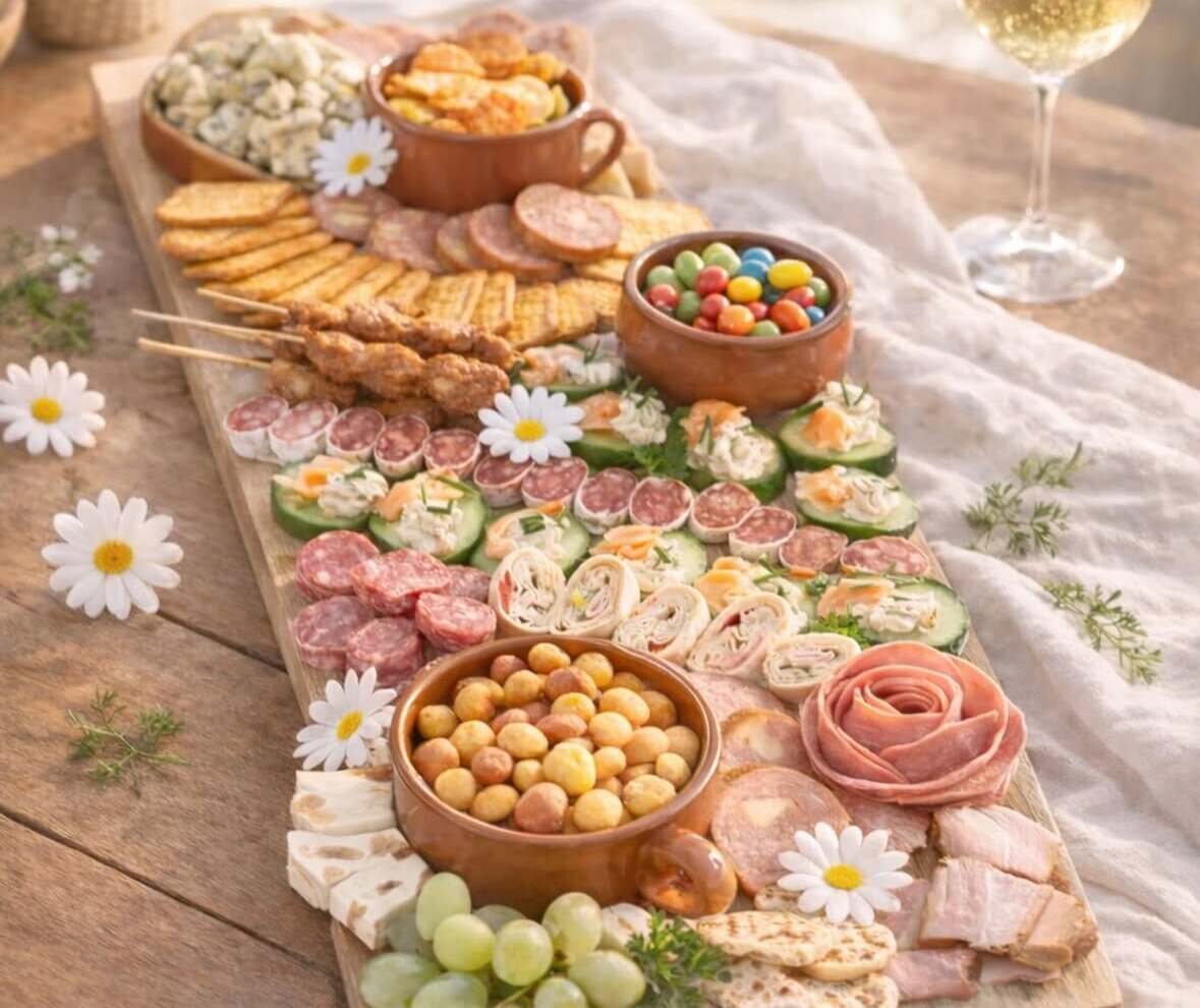 Zomerse borrelplank voor vier tot zes personen met kaas, worst, wraps en madeliefjes