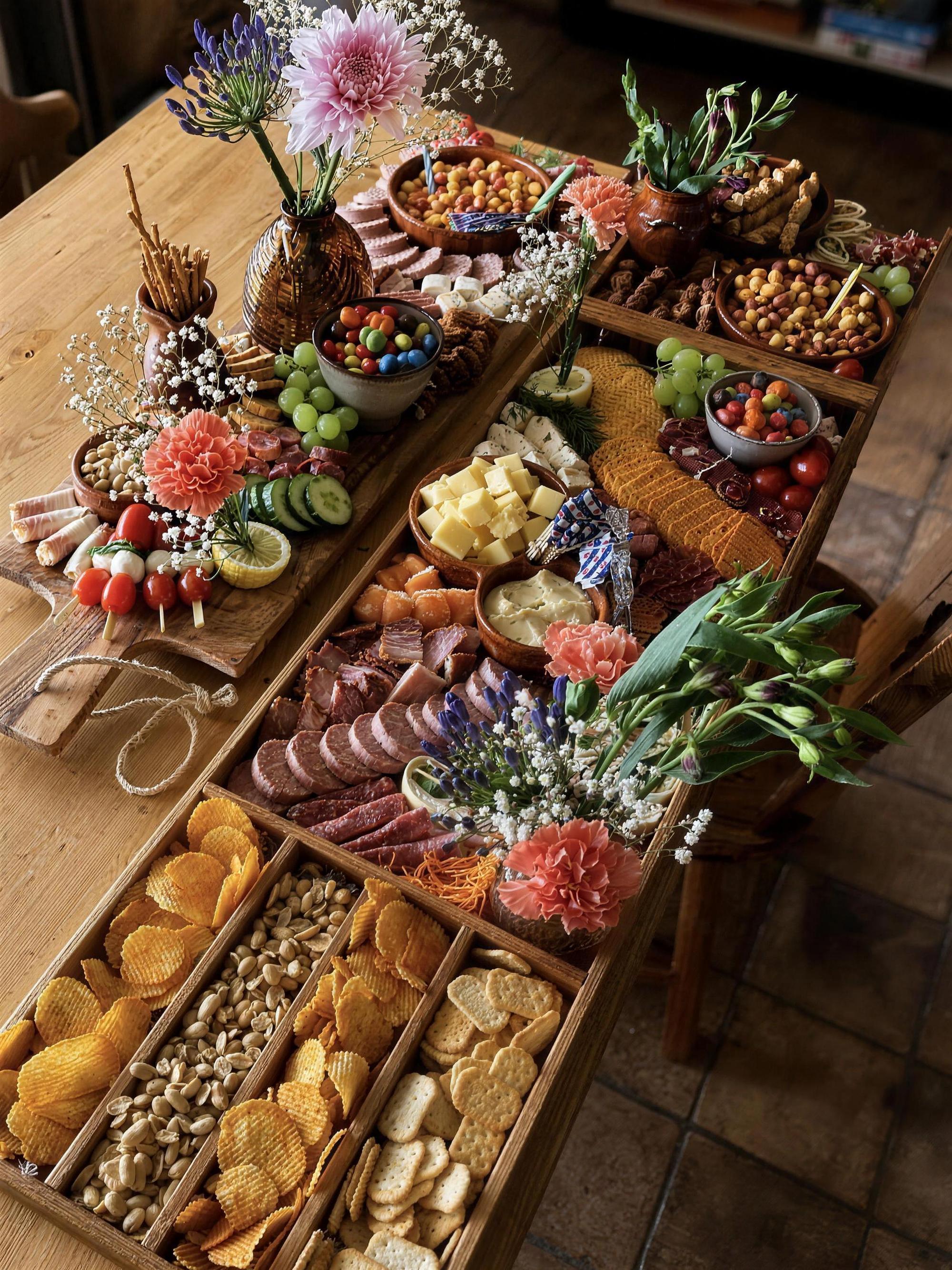 Rijkgevulde grazing table van Plankje Geluk met borrelplanken vol kaas, vleeswaren, chips, noten en verse bloemen op een houten tafel