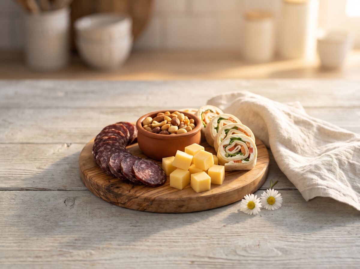 Plankje Standaard met droge worst, kaasblokjes, nootjes en wraps