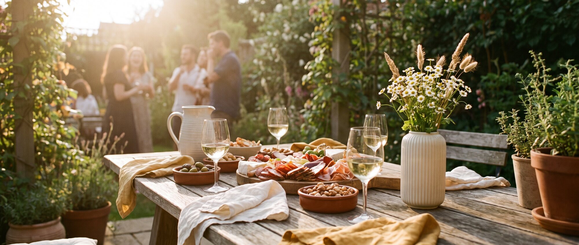 Tuintafel met borrelplank, wijn en bloemen tijdens een zomeravond
