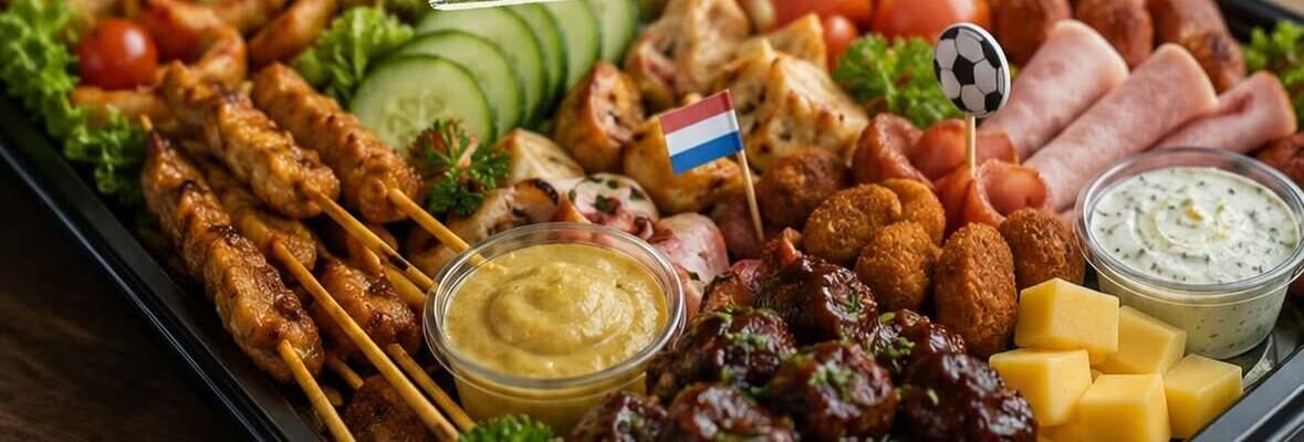 Schaal met saté, bitterballen, gehaktballetjes en dips